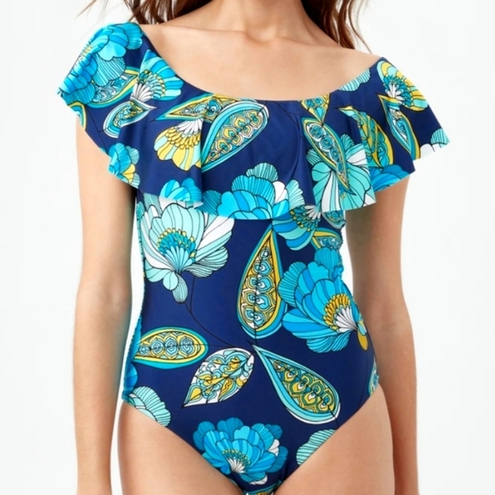 TRINA TURK Women's Pirouette  Off-The-Shoulder Ruffle One Piece Swimsuit Size 12